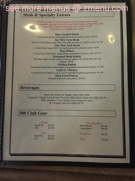 500 Club Casino Menu